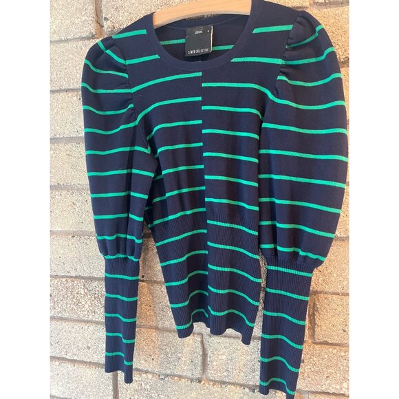 C/Meo Collective Striped Puff Sleeve Knit Sweater Navy & Green Womens M - Picture 2 of 6
